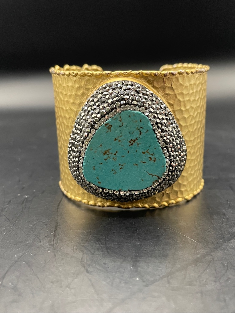 Gold Textured Cuff Bracelet With Turquoise Stone Accent